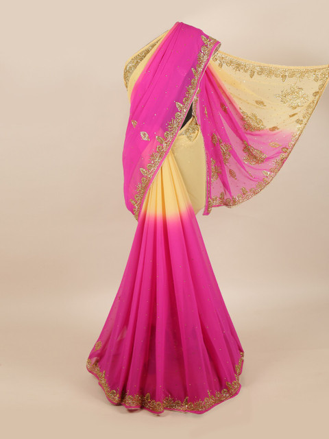 

Pothys Pink & Yellow Embellished Pure Georgette Saree
