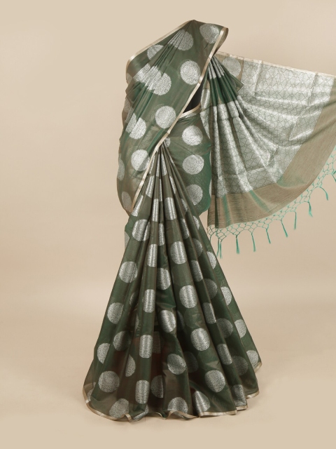 

Pothys Green & Silver-Toned Floral Zari Linen Blend Saree