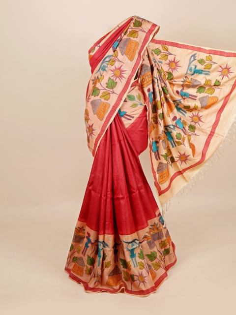 

Pothys Maroon & Orange Floral Pure Silk Tussar Saree