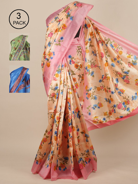 

Pothys-Pack of 3 Assorted Jute Print Sarees, Peach
