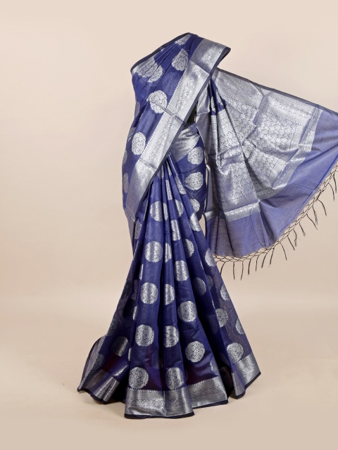 

Pothys Navy Blue & Silver-Toned Ethnic Motifs Zari Linen Blend Saree
