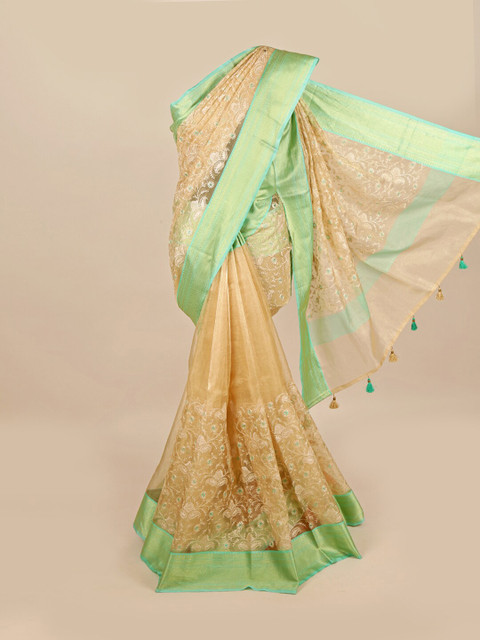 

Pothys Cream & Green Paisley Beads and Stones Organza Saree