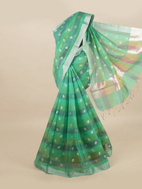 

Pothys Sea Green & Silver-Toned Woven Design Linen Blend Saree