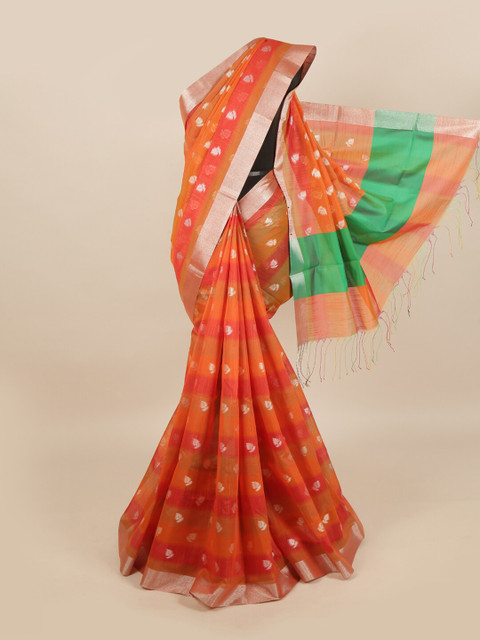 

Pothys Women Orange & Green Printed Linen Blend Saree