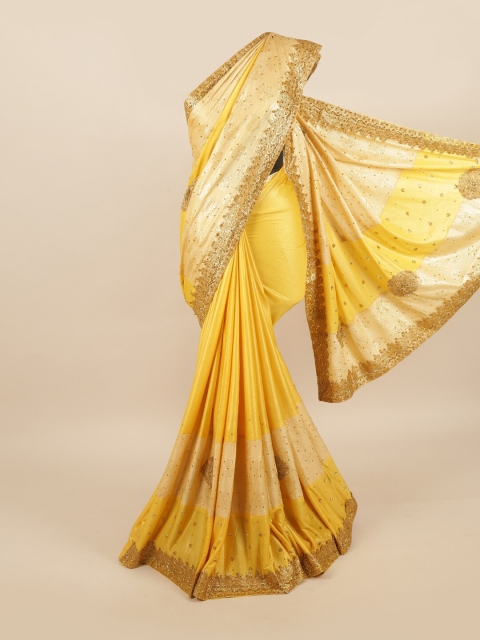 

Pothys Yellow & Gold-Toned Ethnic Motifs Zardozi Pure Georgette Saree
