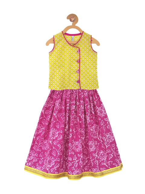 

Campana Girls Pink & Yellow Printed Block Print Ready to Wear Lehenga &