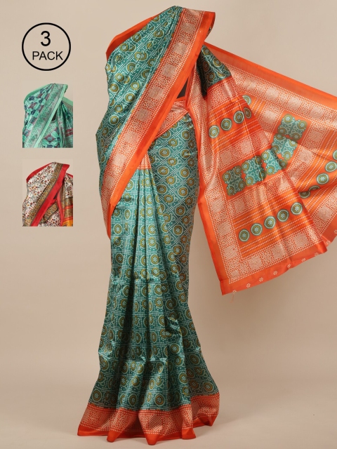 

Pothys-Pack of 3 Jute Silk Printed Sarees, Green