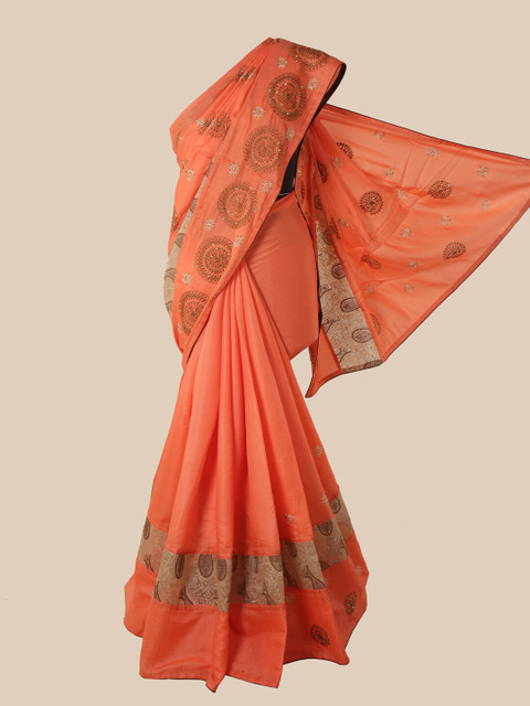 

Pothys Peach & Off White Ethnic Motifs Beads and Stones Art Silk Saree