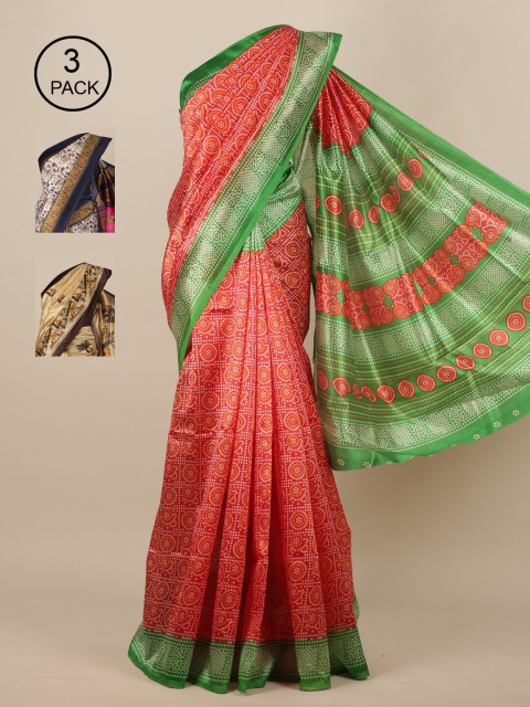 

Pothys-Pack of 3 Jute Silk Printed Sarees, Red