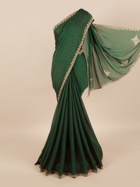 

Pothys Green & Gold-Toned Embellished Beads and Stones Pure Georgette Saree