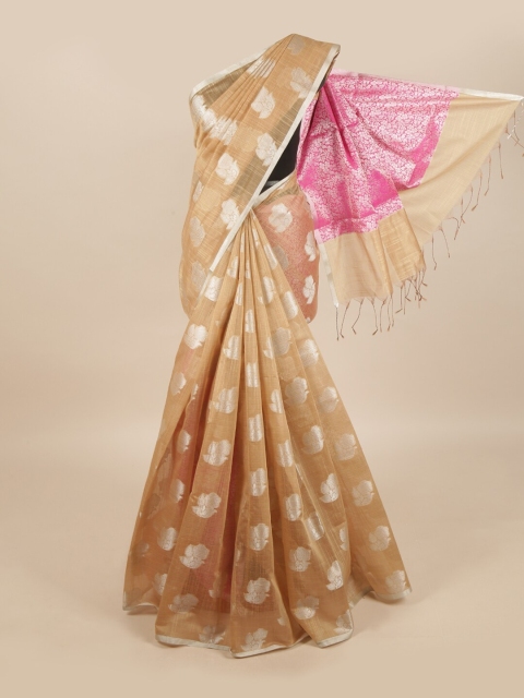 

Pothys Cream & Pink Woven Design Zari Linen Blend Saree
