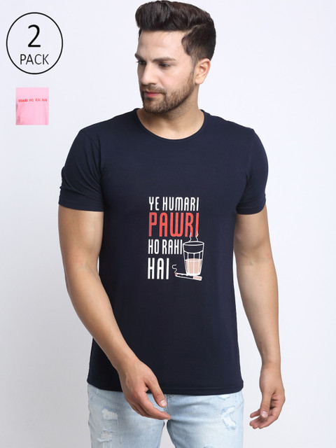 

VIMAL JONNEY Men Navy Blue& Pink Pack of 2 Typography Print T-shirt