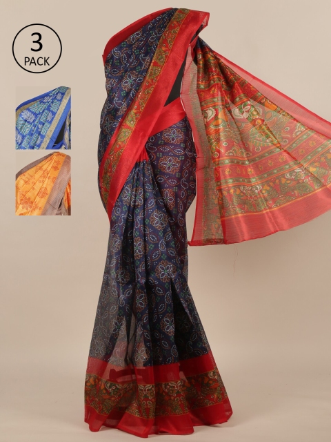 

Pothys-Pack of 3 Assorted Jute Silk Printed Sarees, Navy blue