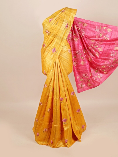 

Pothys Mustard & Pink Floral Pure Silk Tussar Saree