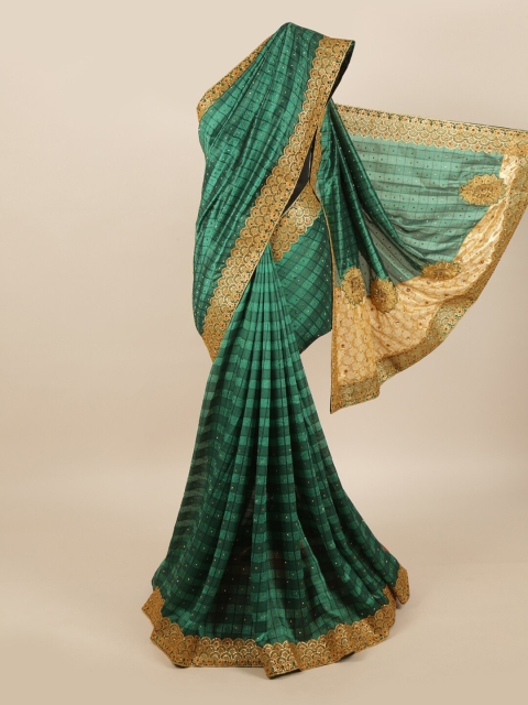 

Pothys Green & Gold Checked Pure Georgette Saree