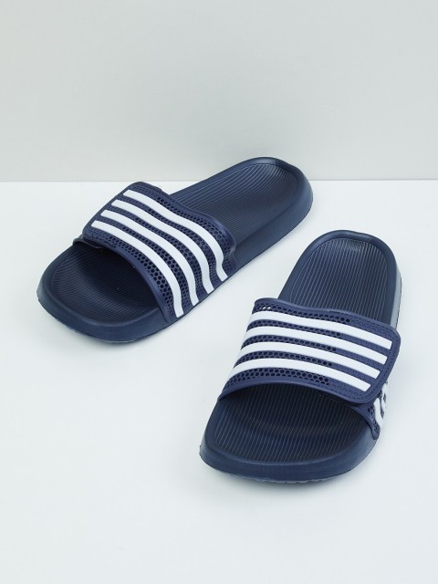 

max Men Navy Blue & White Striped Sliders