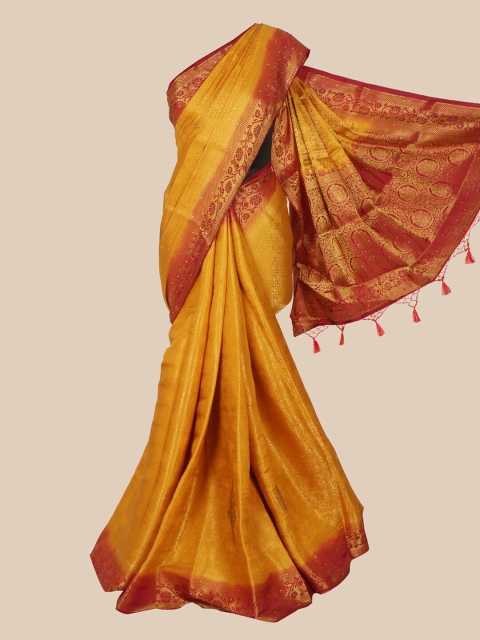 

Pothys Mustard & Red Woven Design Art Silk Banarasi Saree With Tasseled Pallu