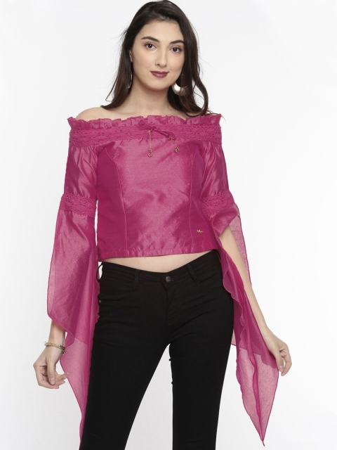 

Ira Soleil Magenta Off-Shoulder Slit Sleeve Bardot Crop Top