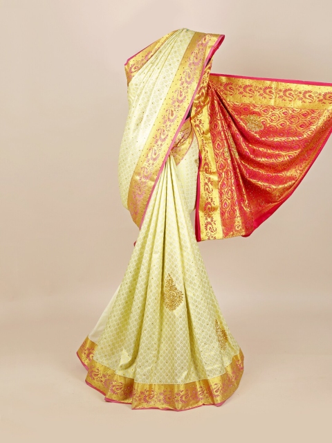 

Pothys Cream & Pink Woven Design Pure Silk Kanjeevaram Saree