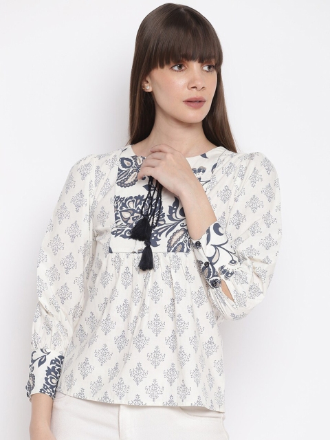 

sandy AND ritz Off White & Blue Tie-Up Neck Regular Sustainable Top
