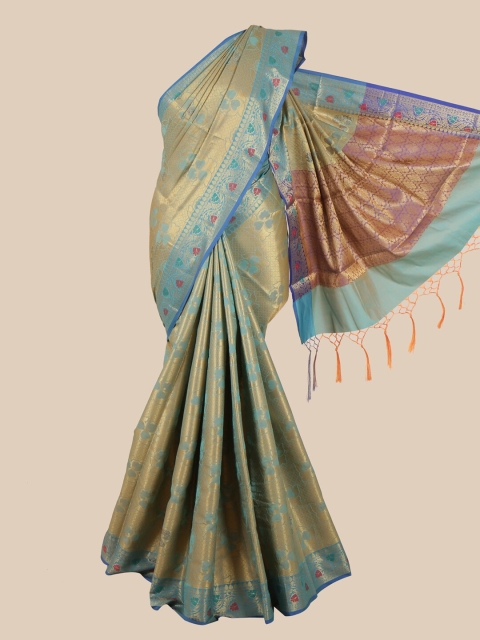 

Pothys Blue & Gold-Toned Woven Design Zari Art Silk Banarasi Saree