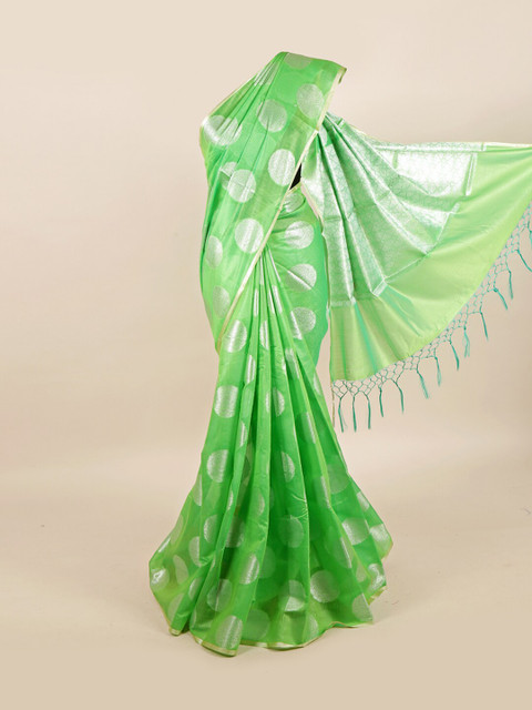 

Pothys Green & Silver-Toned Woven Design Linen Blend Saree