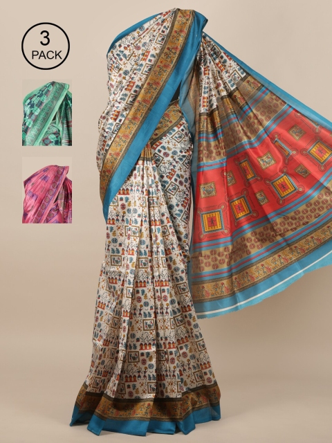 

Pothys-Pack of 3 Assorted Jute Silk Printed Sarees, Cream