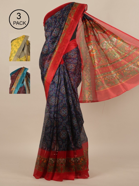 

Pothys-Pack of 3 Assorted Jute Silk Printed Sarees, Navy blue