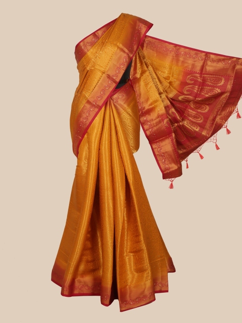 

Pothys Mustard & Gold-Toned Woven Design Art Silk Banarasi Saree