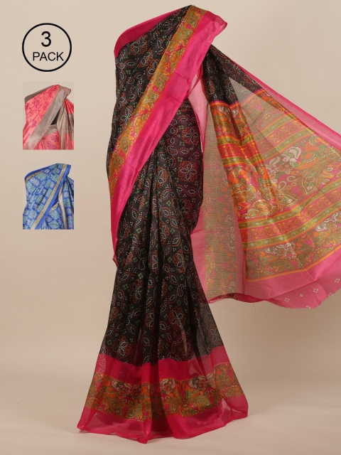 

Pothys-Pack of 3 Assorted Jute Print Sarees, Black