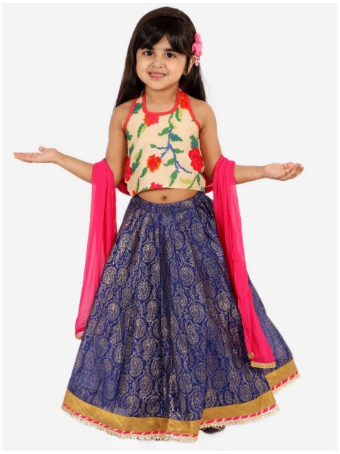 

Lil Peacock Girls Navy Blue & Off White Embroidered Thread Work Ready to Wear Lehenga & Blouse With Dupatta