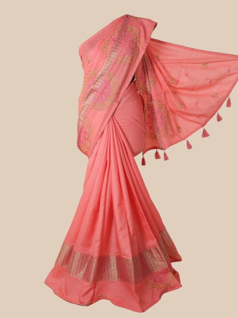 

Pothys Pink & Gold-Toned Floral Art Silk Saree