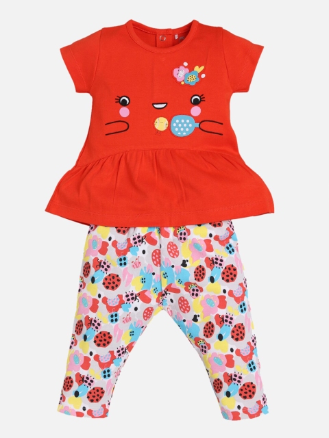 

BABY GO Girls Red & Blue Printed Top with Leggings