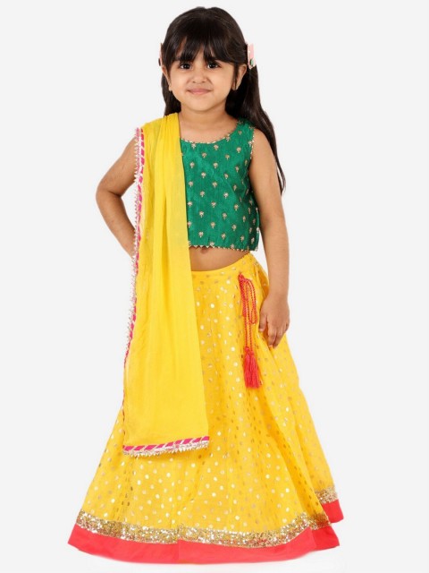 

Lil Peacock Girls Green & Yellow Embroidered Ready to Wear Lehenga & Blouse With Dupatta