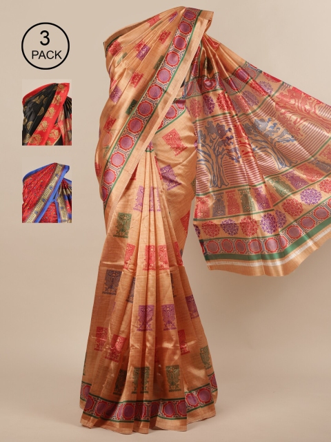 

Pothys-Pack of 3 Assorted Jute Silk Printed Sarees, Peach