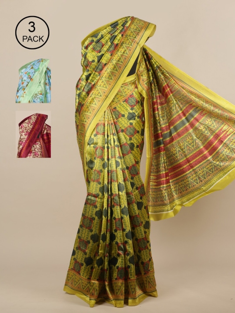 

Pothys-Pack of 3 Assorted Jute Print Sarees, Green
