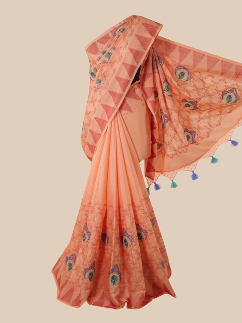 

Pothys Peach & Purple Ethnic Motifs Beads and Stones Art Silk Saree