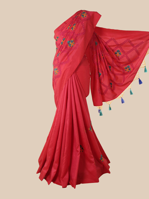 

Pothys Pink Floral Embroidered Art Silk Heavy Work Saree