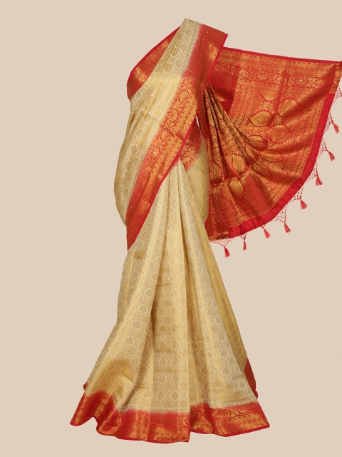 

Pothys Cream & Red Ethnic Motifs Zari Art Silk Banarasi Saree
