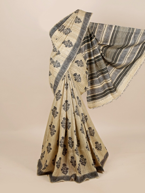 

Pothys Cream & Grey Floral Pure Silk Tussar Saree