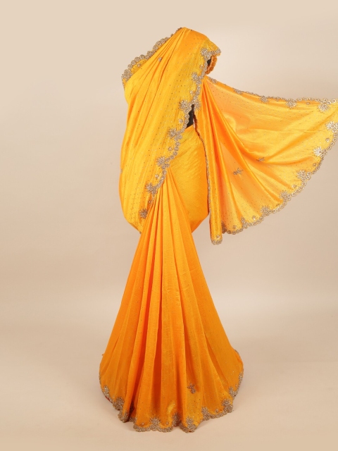 

Pothys Yellow & Transparent Embellished Pure Georgette Saree