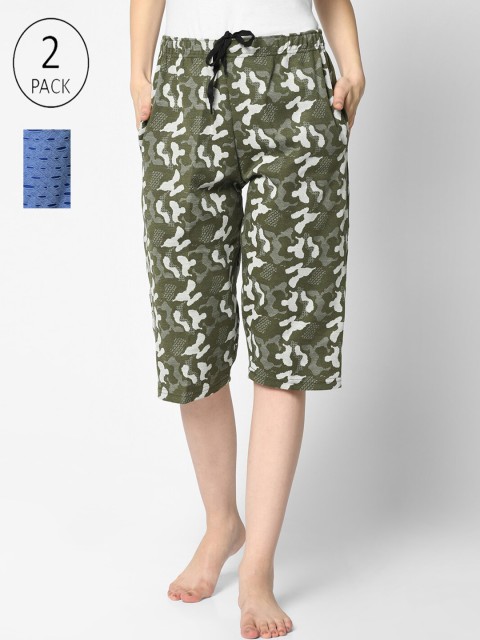 

VIMAL JONNEY Women Pack Of 2 Olive & Blue Printed Lounge Shorts