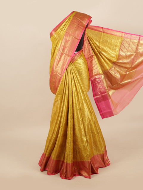 

Pothys Yellow & Pink Floral Zari Art Silk Banarasi Saree