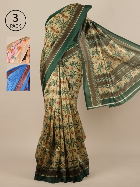 

Pothys-Pack of 3 Assorted Jute Print Sarees, Green