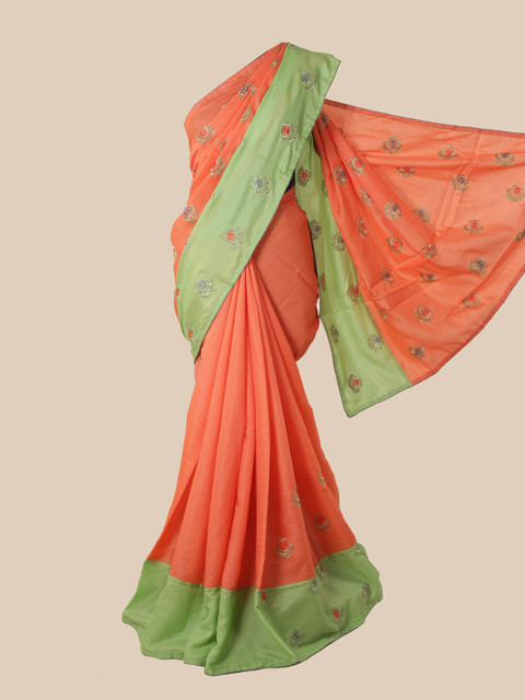 

Pothys Peach & Green Ethnic Motifs Sequinned Art Silk Saree