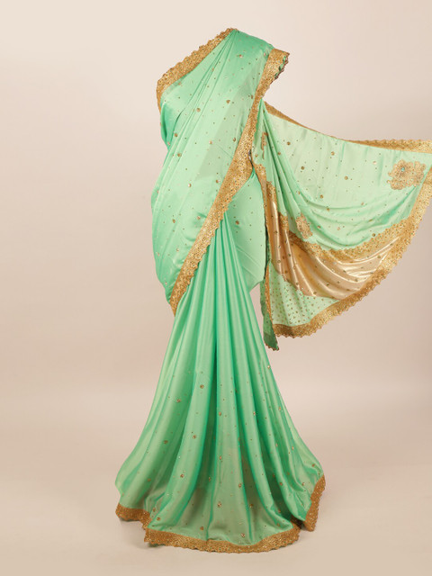 

Pothys Green & Gold-Toned Embellished Beads and Stones Pure Georgette Saree