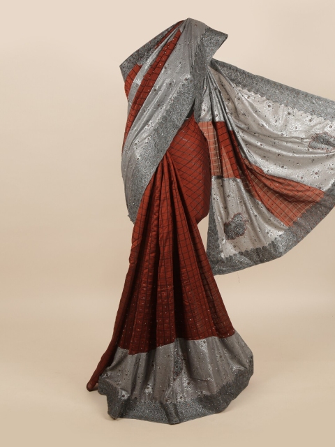 

Pothys Maroon & Grey Checked Embroidered Pure Georgette Saree