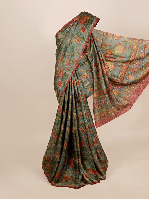 

Pothys Grey & Green Floral Pure Silk Tussar Saree