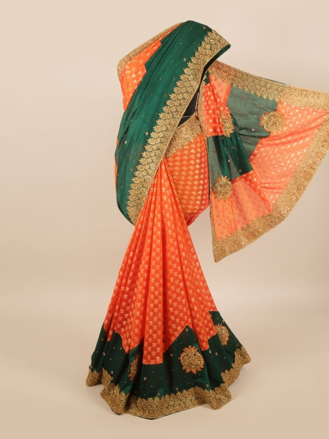 

Pothys Green & Orange Embellished Pure Georgette Saree