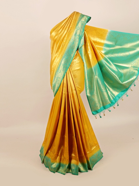 

Pothys Mustard & Green Floral Zari Art Silk Banarasi Saree